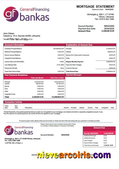 Lithuania UAB GF bankas mortgage statement Word and PDF template